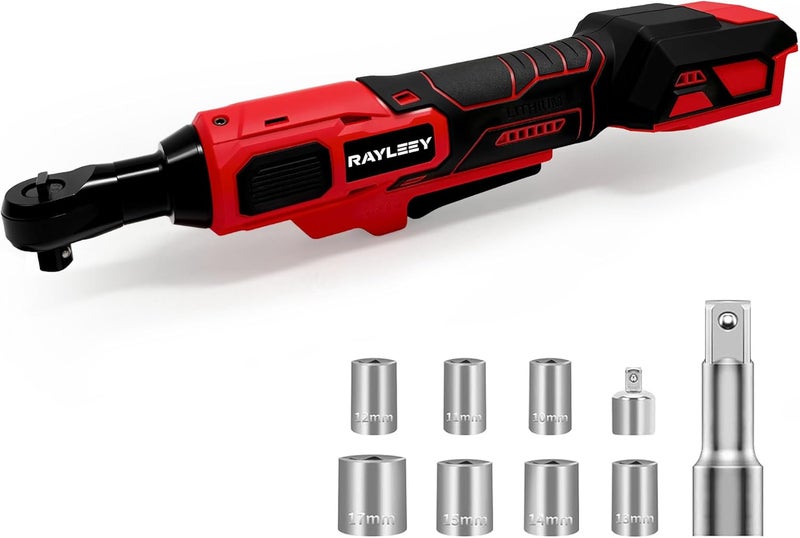 RAYLEEY 3/8" Cordless Ratchet Wrench for Milwaukee 18V Battery, 45 Ft-lbs(60 N.m) Power Electric Ratchet Tool Kit, Variable Speed Control, 7 Sockets, 1/4"Adapter & 3" Extension Bar (Tool Only) - Image 1